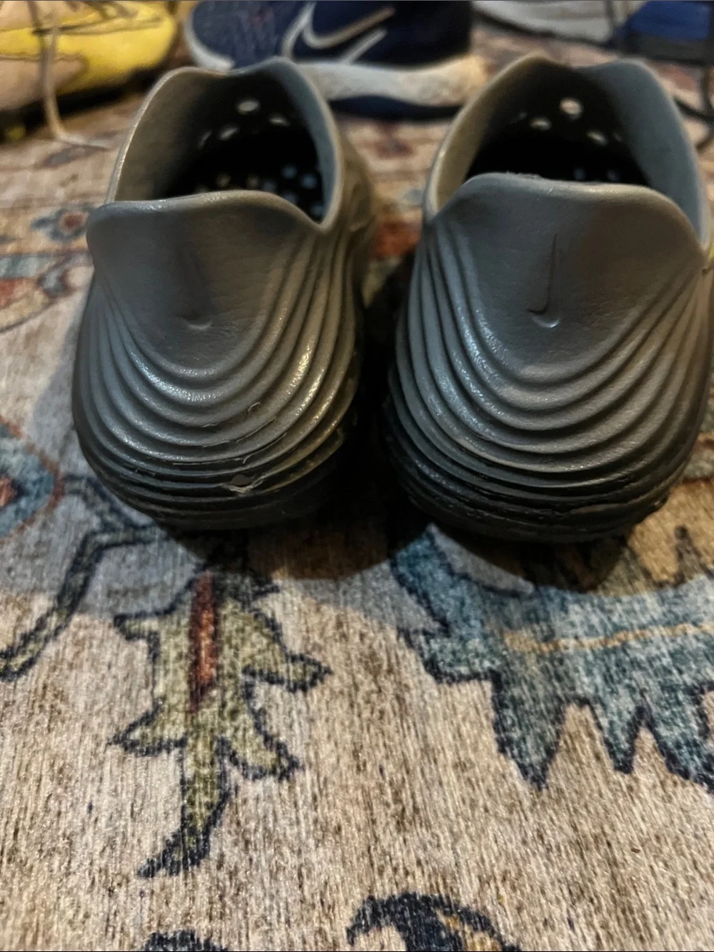 Nike Men's 6  Gray Slip-On Foam Clog with Neon Yellow Swoosh